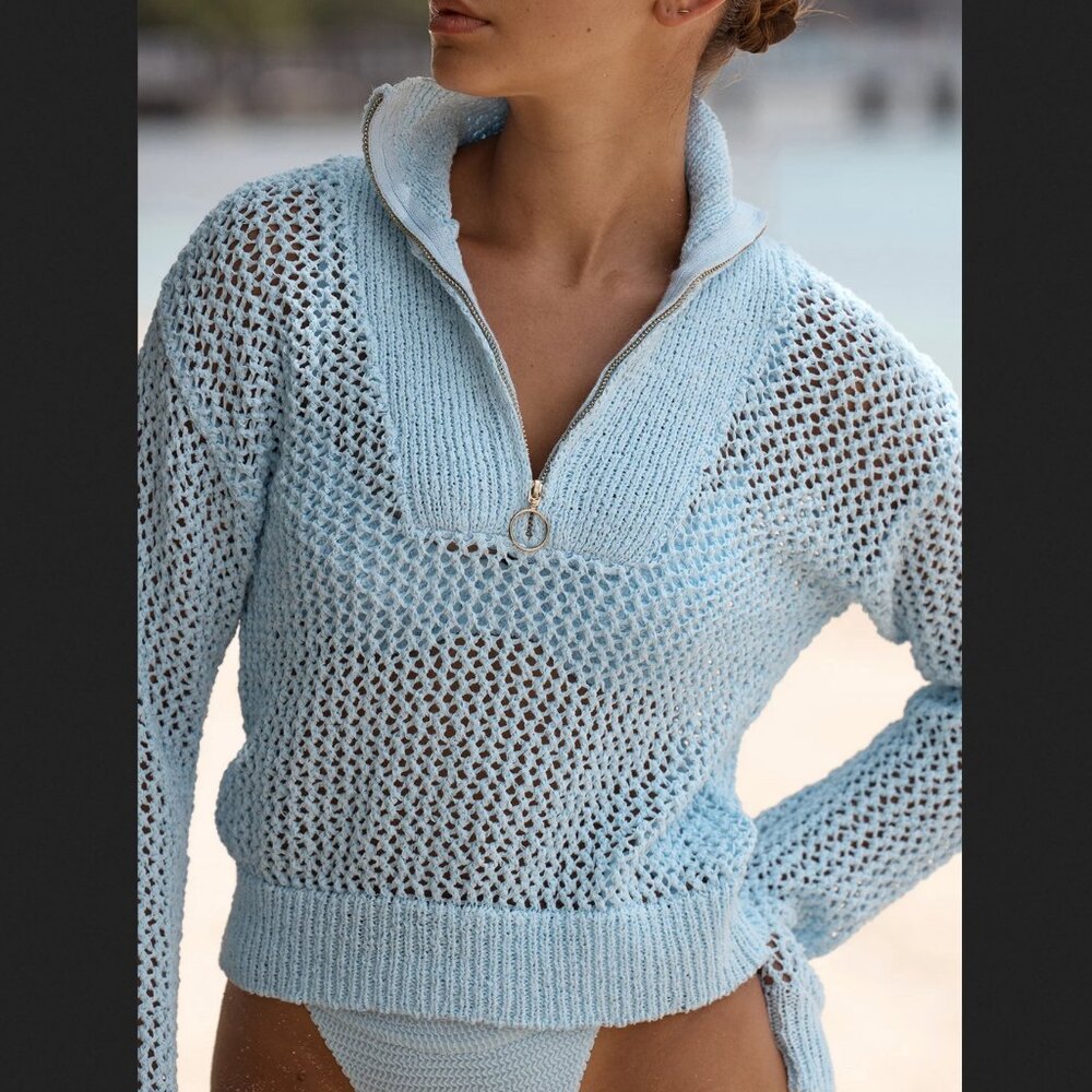 MONDAY SWIMWEAR (L) Lisbon Quarter Zip Crochet Sweater Sea Mist Blue